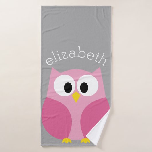 Cute Cartoon Owl - Roze en grijze aangepaste naam Badhanddoek (Badhanddoek)