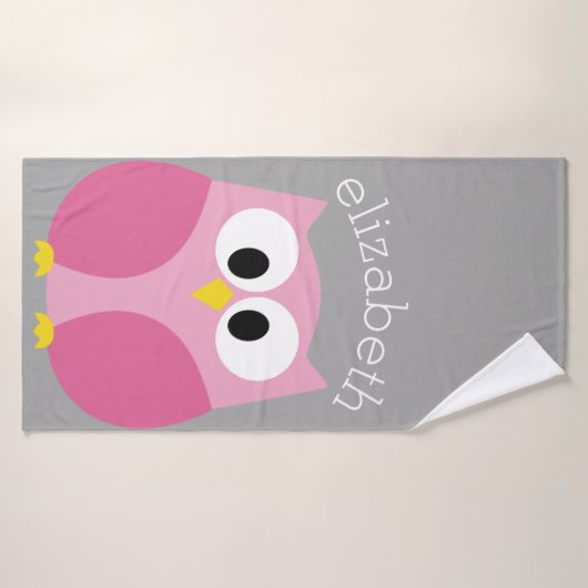 Cute Cartoon Owl - Roze en grijze aangepaste naam Badhanddoek (Badhanddoek)