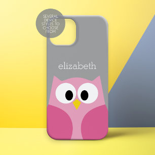 Cute Cartoon Owl - Roze en grijze aangepaste naam iPhone 15 Case