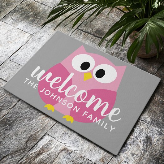 Cute Cartoon Owl - Roze en grijze aangepaste naam Deurmat