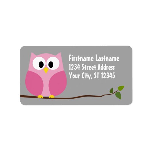 Cute Cartoon Owl - Roze en grijze aangepaste naam Etiket (Voorkant)