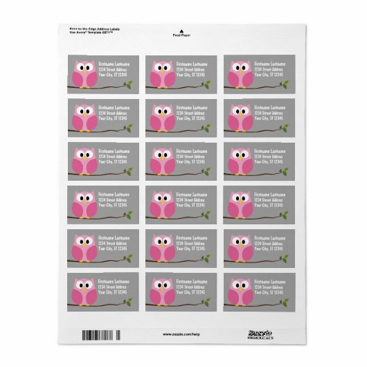 Cute Cartoon Owl - Roze en grijze aangepaste naam Etiket (Full Sheet)