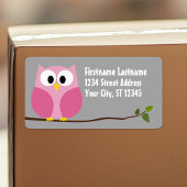 Cute Cartoon Owl - Roze en grijze aangepaste naam Etiket
