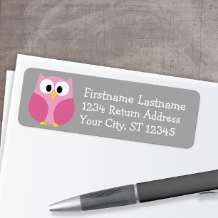 Cute Cartoon Owl - Roze en grijze aangepaste naam Etiket