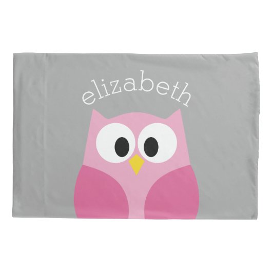 Cute Cartoon Owl - Roze en grijze aangepaste naam Kussensloop (Achterkant)