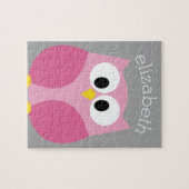 Cute Cartoon Owl - Roze en grijze aangepaste naam Legpuzzel (Horizontaal)
