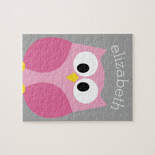 Cute Cartoon Owl - Roze en grijze aangepaste naam Legpuzzel (Horizontaal)