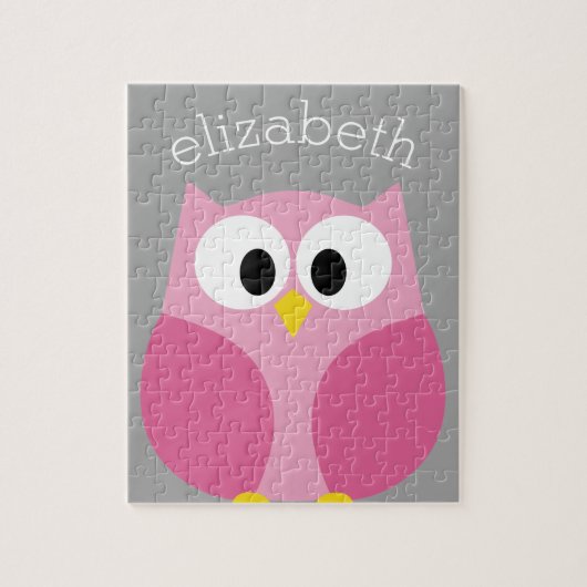Cute Cartoon Owl - Roze en grijze aangepaste naam Legpuzzel (Verticaal)