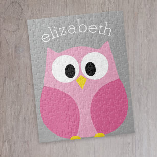 Cute Cartoon Owl - Roze en grijze aangepaste naam Legpuzzel