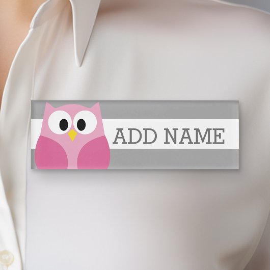 Cute Cartoon Owl - Roze en grijze aangepaste naam Naambadge