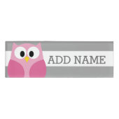 Cute Cartoon Owl - Roze en grijze aangepaste naam Naambadge (Voorkant)