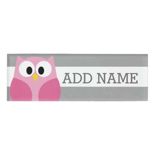 Cute Cartoon Owl - Roze en grijze aangepaste naam Naambadge (Voorkant)