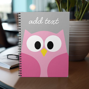 Cute Cartoon Owl - Roze en grijze aangepaste naam Notitieboek