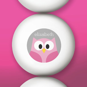 Cute Cartoon Owl - Roze en grijze aangepaste naam Pingpongbal