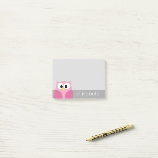 Cute Cartoon Owl - Roze en grijze aangepaste naam Post-it® Notes (Op bureau)