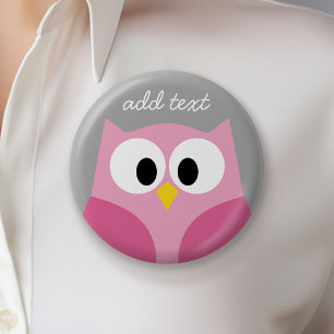 Cute Cartoon Owl - Roze en grijze aangepaste naam Ronde Button 5,7 Cm