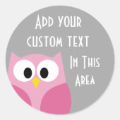 Cute Cartoon Owl - Roze en grijze aangepaste naam Ronde Sticker (Voorkant)