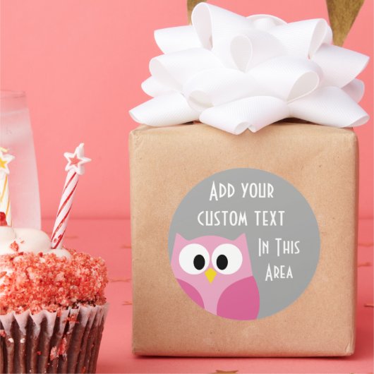 Cute Cartoon Owl - Roze en grijze aangepaste naam Ronde Sticker (Feest)