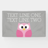 Cute Cartoon Owl - Roze en grijze aangepaste naam Spandoek (Horizontaal)