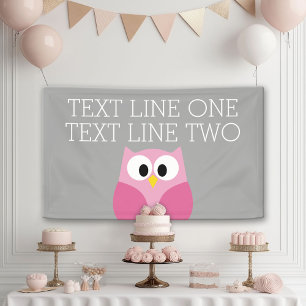 Cute Cartoon Owl - Roze en grijze aangepaste naam Spandoek