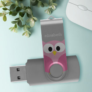 Cute Cartoon Owl - Roze en grijze aangepaste naam USB Stick