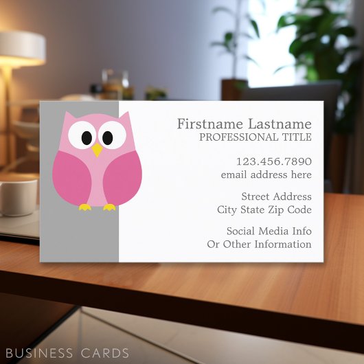 Cute Cartoon Owl - Roze en grijze aangepaste naam Visitekaartje