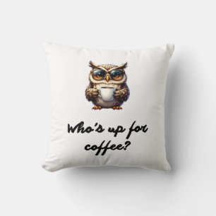 Cute Cartoon Owl with Sunglasses Holding Coffee Cu Kussen