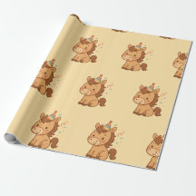 Cute Cartoon Paard met Feesthoed Inpakpapier
