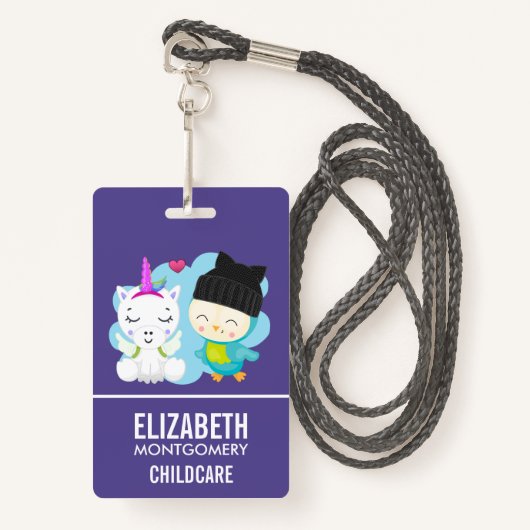 Cute Cartoon Pals - Happy Unicorn & Bird Badge (Voorkant met draagriem)