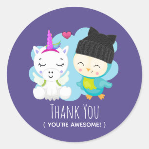 Cute Cartoon Pals - Happy Unicorn & Bird Bedankt Ronde Sticker