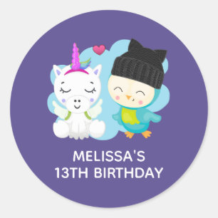 Cute Cartoon Pals - Happy Unicorn & Bird Birthday Ronde Sticker