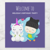 Cute Cartoon Pals - Happy Unicorn & Bird Birthday Wijn Etiket (Enkel label)