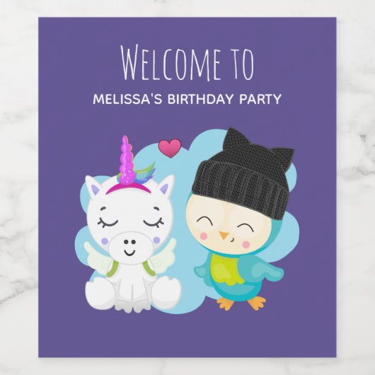 Cute Cartoon Pals - Happy Unicorn & Bird Birthday Wijn Etiket (Enkel label)