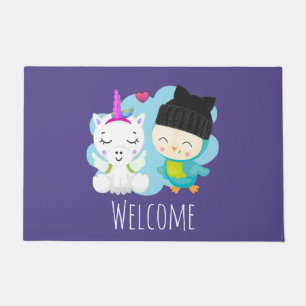 Cute Cartoon Pals - Happy Unicorn & Bird Deurmat