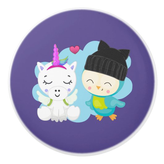 Cute Cartoon Pals - Happy Unicorn & Bird Keramische Knop (Voorkant)