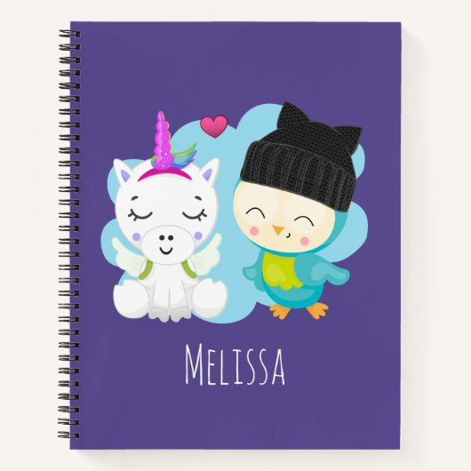 Cute Cartoon Pals - Happy Unicorn & Bird Notitieboek (Voorkant)