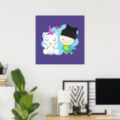 Cute Cartoon Pals - Happy Unicorn & Bird Poster (Thuiskantoor)