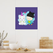 Cute Cartoon Pals - Happy Unicorn & Bird Poster (Keuken)