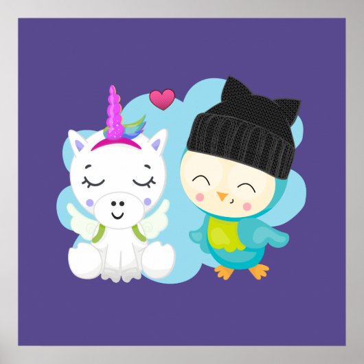 Cute Cartoon Pals - Happy Unicorn & Bird Poster (Voorkant)