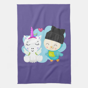 Cute Cartoon Pals - Happy Unicorn & Bird Theedoek