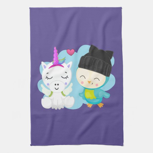Cute Cartoon Pals - Happy Unicorn & Bird Theedoek (Verticaal)