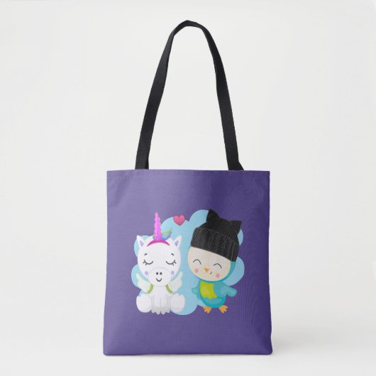 Cute Cartoon Pals - Happy Unicorn & Bird Tote Bag (Voorkant)