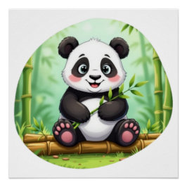 Cute Cartoon Panda on Bamboo Patch Perfect Poster