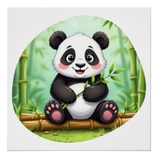 Cute Cartoon Panda on Bamboo Patch Perfect Poster (Voorkant)