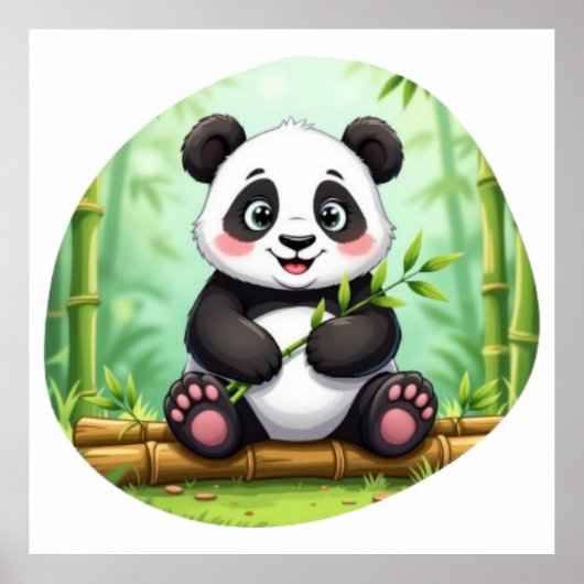 Cute Cartoon Panda on Bamboo Patch Poster (Voorkant)