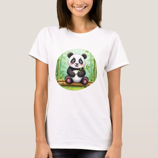 Cute Cartoon Panda on Bamboo Patch T-shirt (Voorkant)