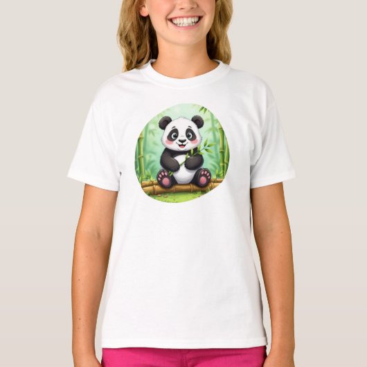 Cute Cartoon Panda on Bamboo Patch T-shirt (Voorkant)