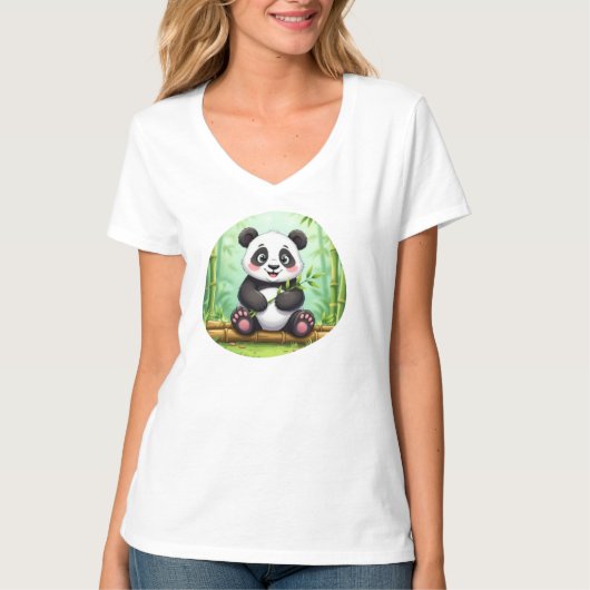 Cute Cartoon Panda on Bamboo Patch T-shirt (Voorkant)