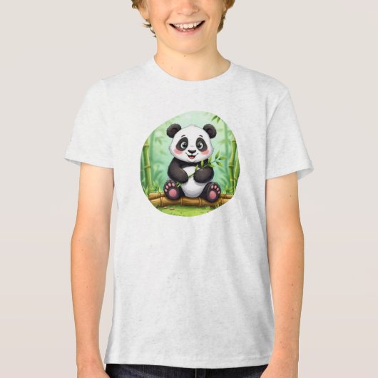 Cute Cartoon Panda on Bamboo Patch Tri-Blend Shirt (Voorkant)