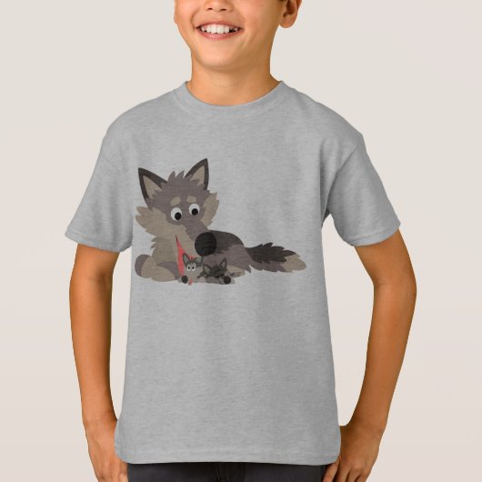 Cute Cartoon Pap Wolf en Pups Children T-Shirt (Voorkant)